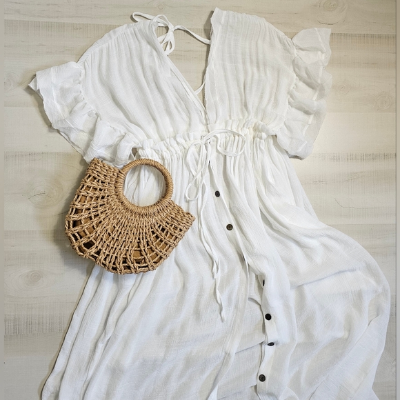 New Boho Flowy Plunge Maxi Gauze Cover Up Dress Summer White - Picture 6 of 15